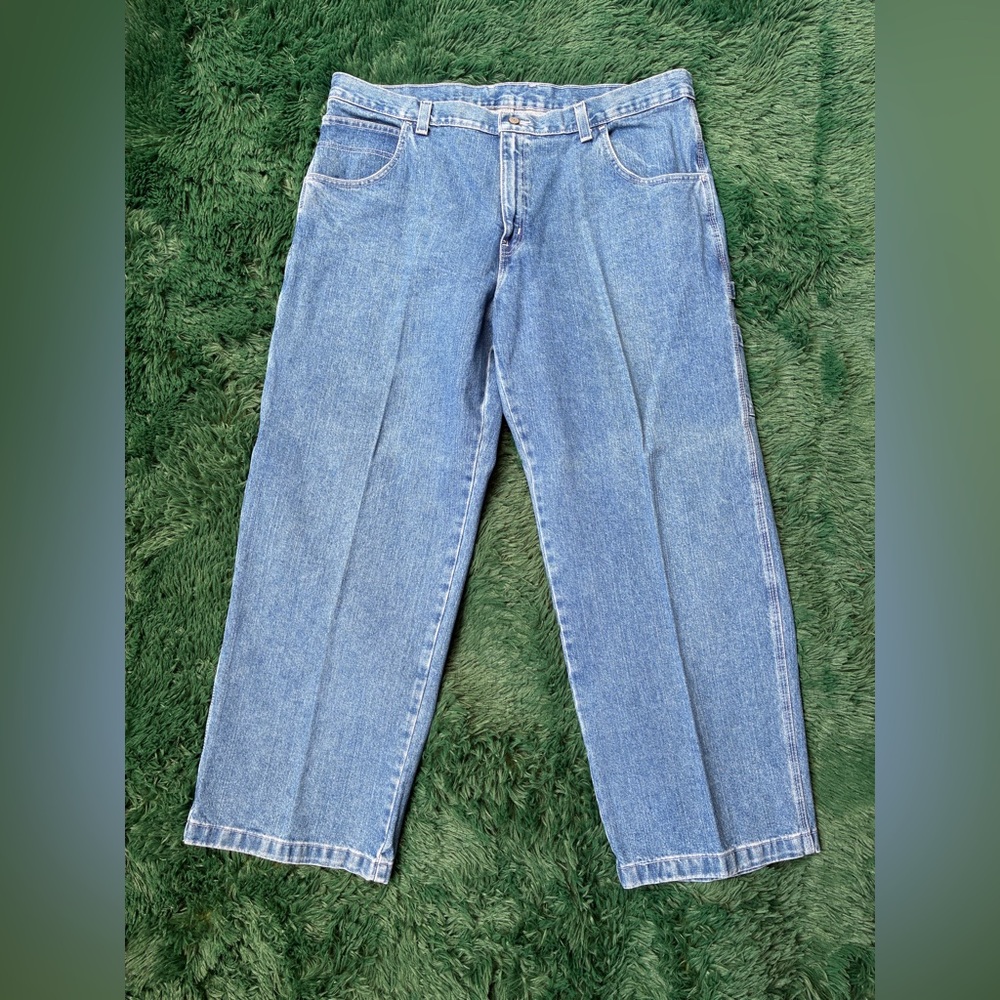 Vintage 90s Wide Leg Baggy Carpenter Jeans Faded Wash Blue Denim Mens 42x32